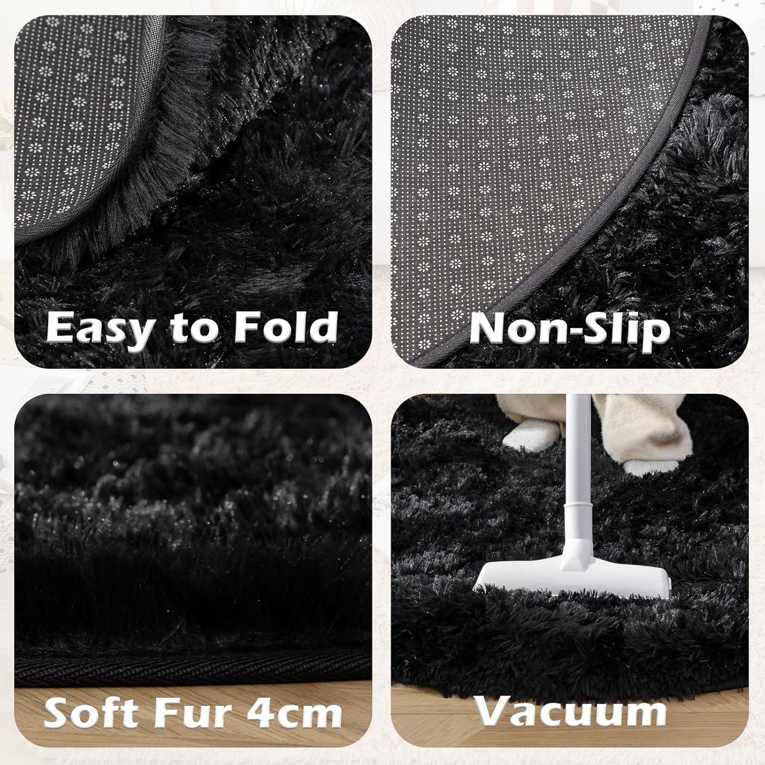 Wohnzimmer Teppich Shaggy Schwarz 120cm Rund - Anti-Rutsch & Hochflor