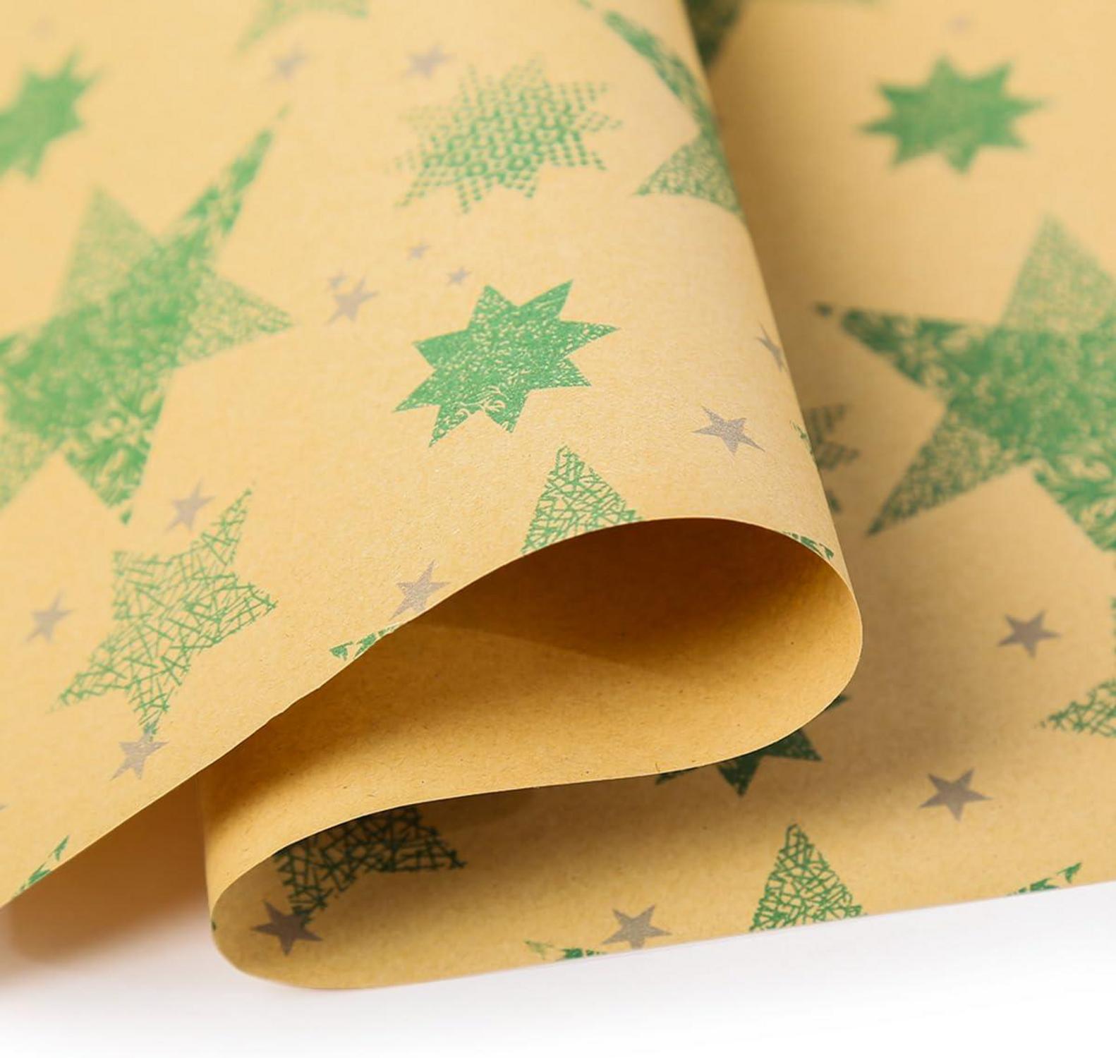 Weihnachtsgeschenkpapierrolle Kraftpapier grüne Sterne 43 cm x 20 m