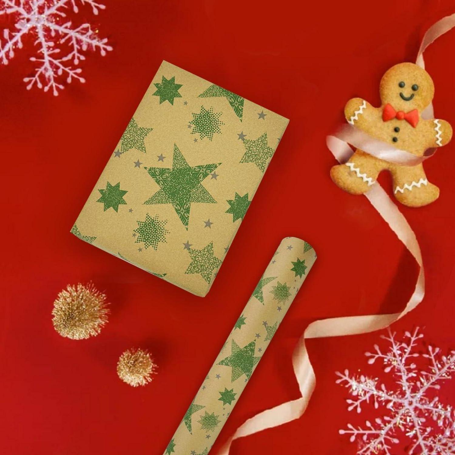 43cm Weihnachtsgeschenkpapierrolle grüne Sterne Kraftpapier 20m