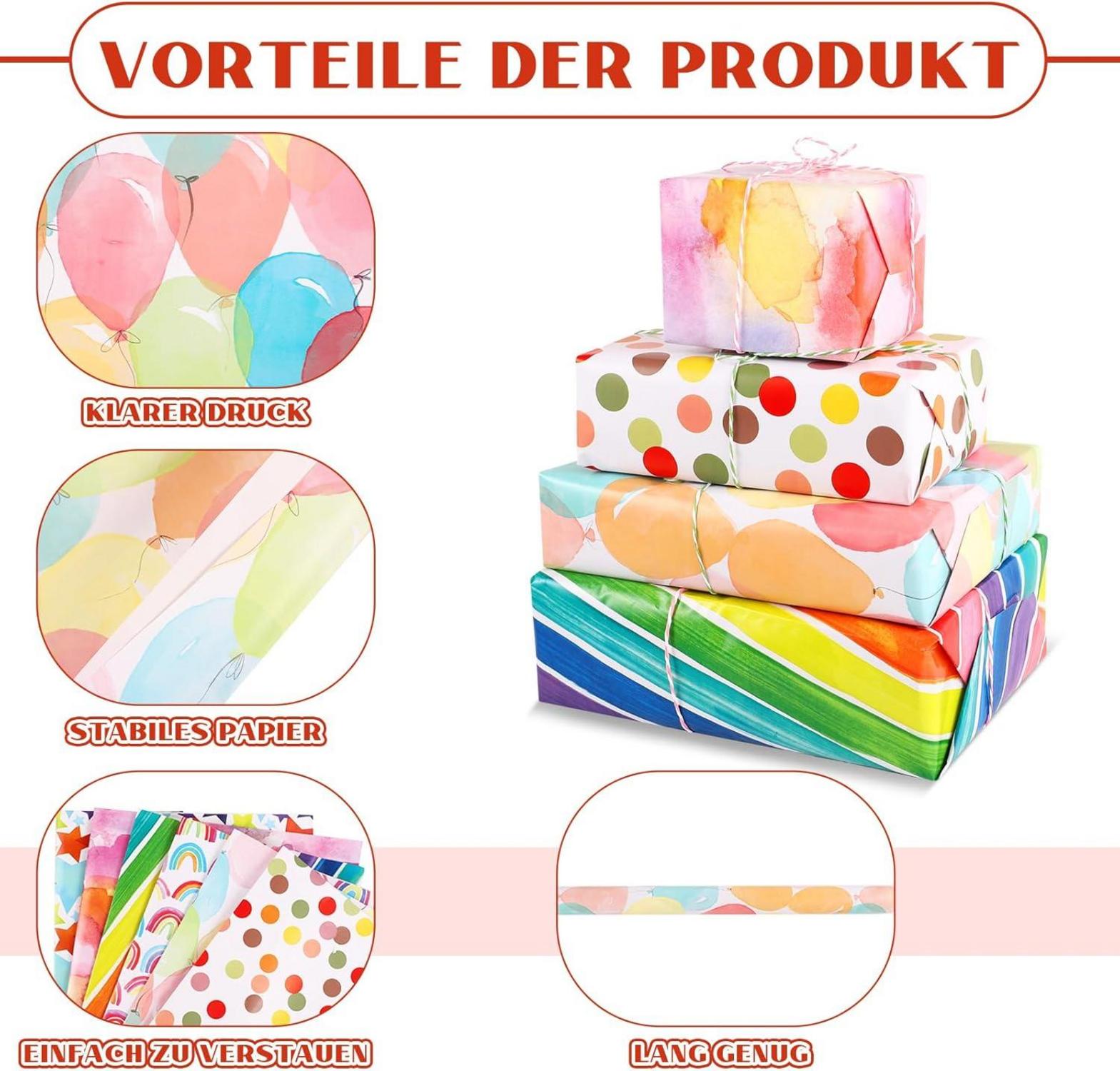Geschenkpapier Kindergeburtstag Set 6 Rollen Regenbogen Luftballons 3m