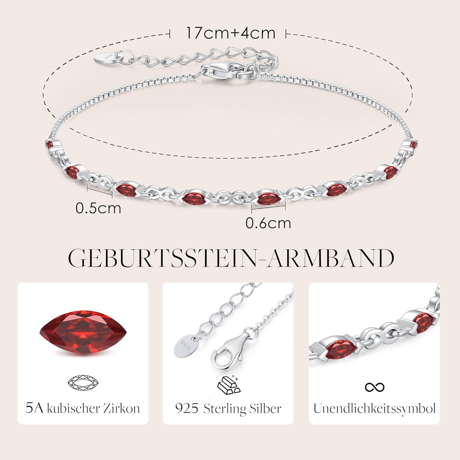 Infinity Armband Silber 925 Damen Zirkonia Geburtsstein Armband