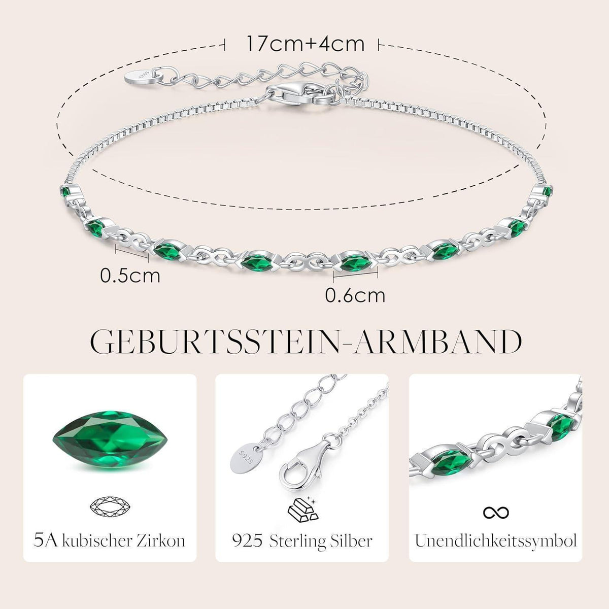 Armband Damen Silber 925 mit Zirkonia Geburtsstein verstellbar