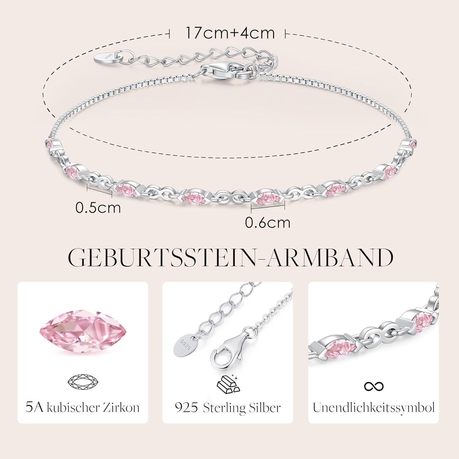 Geburtsstein Armband Silber 925 Damen Zirkonia Infinity Schmuck