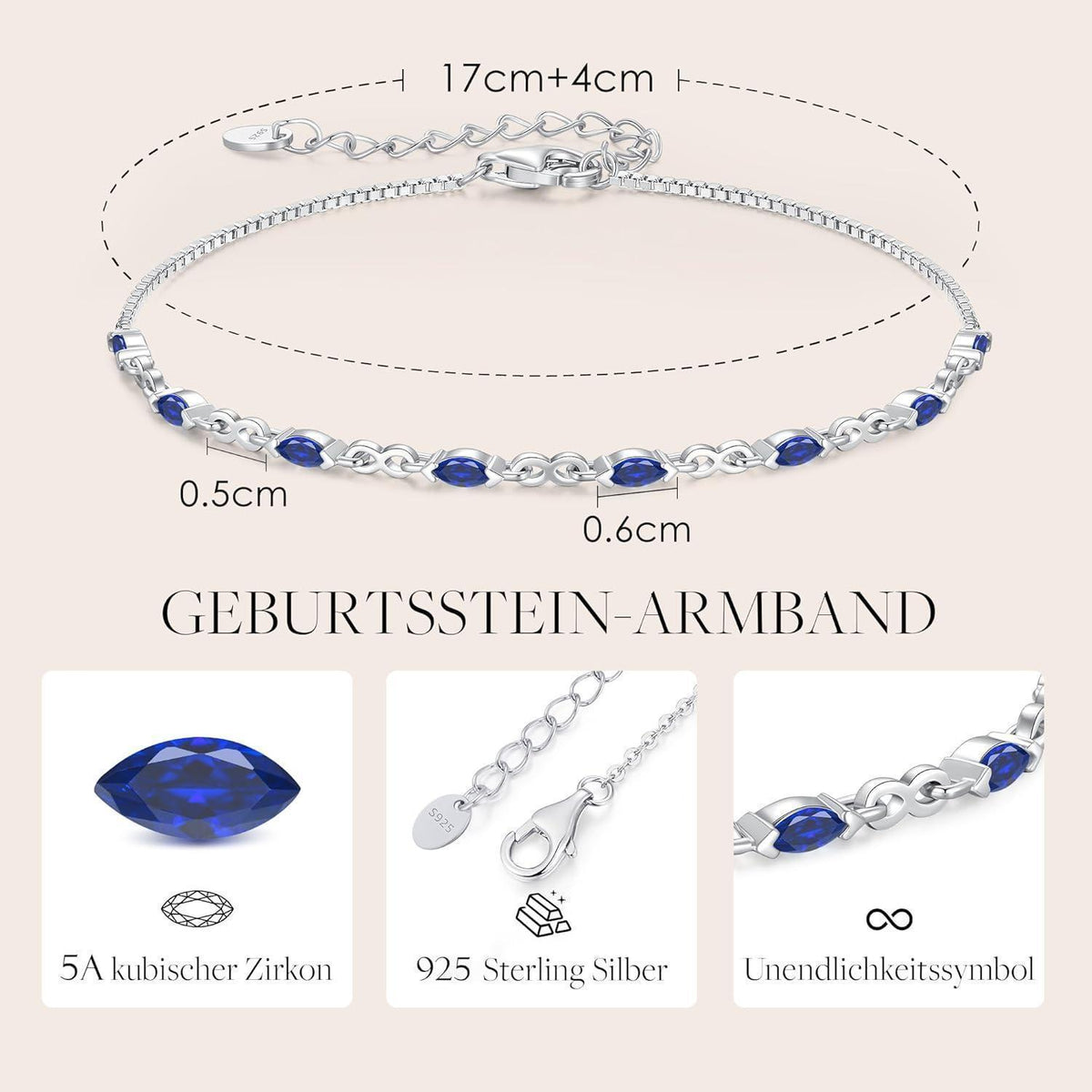 Armband Damen Silber 925 mit Zirkonia Geburtsstein verstellbar