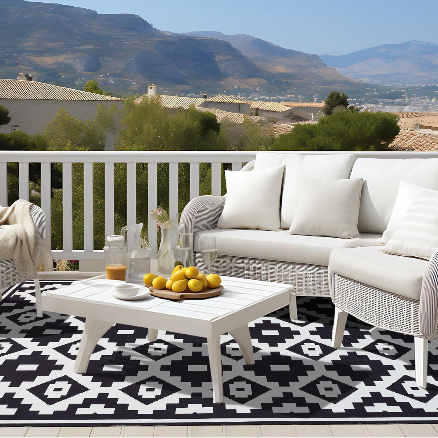 OMERA 180x270cm Wetterfester In- & Outdoor Teppich Schwarz-Weiß Modern