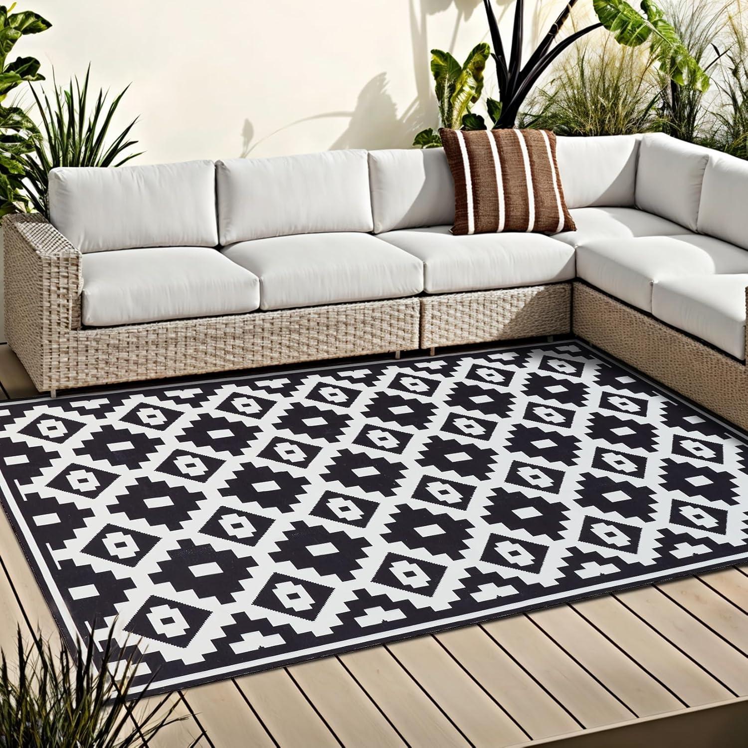 OMERAI Teppich 150X240CM Schwarz-Weiß Modern In-& Outdoor Teppich waschbar & wetterfest