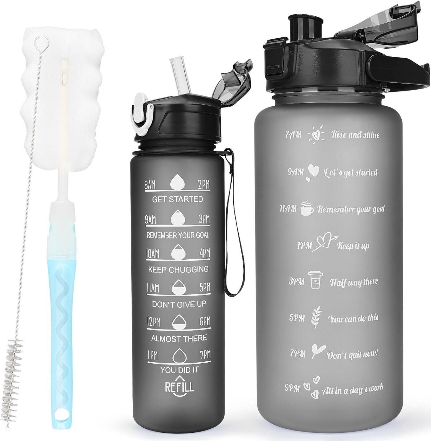 2er Pack BPA-freie Trinkflasche mit Zeitmarkierung, Strohhalm und