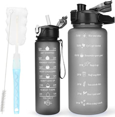 2er Pack BPA-freie Trinkflasche mit Zeitmarkierung, Strohhalm und