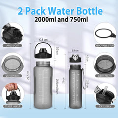 2er Pack Trinkflasche BPA-frei mit Zeitmarkierung 2L+750ml