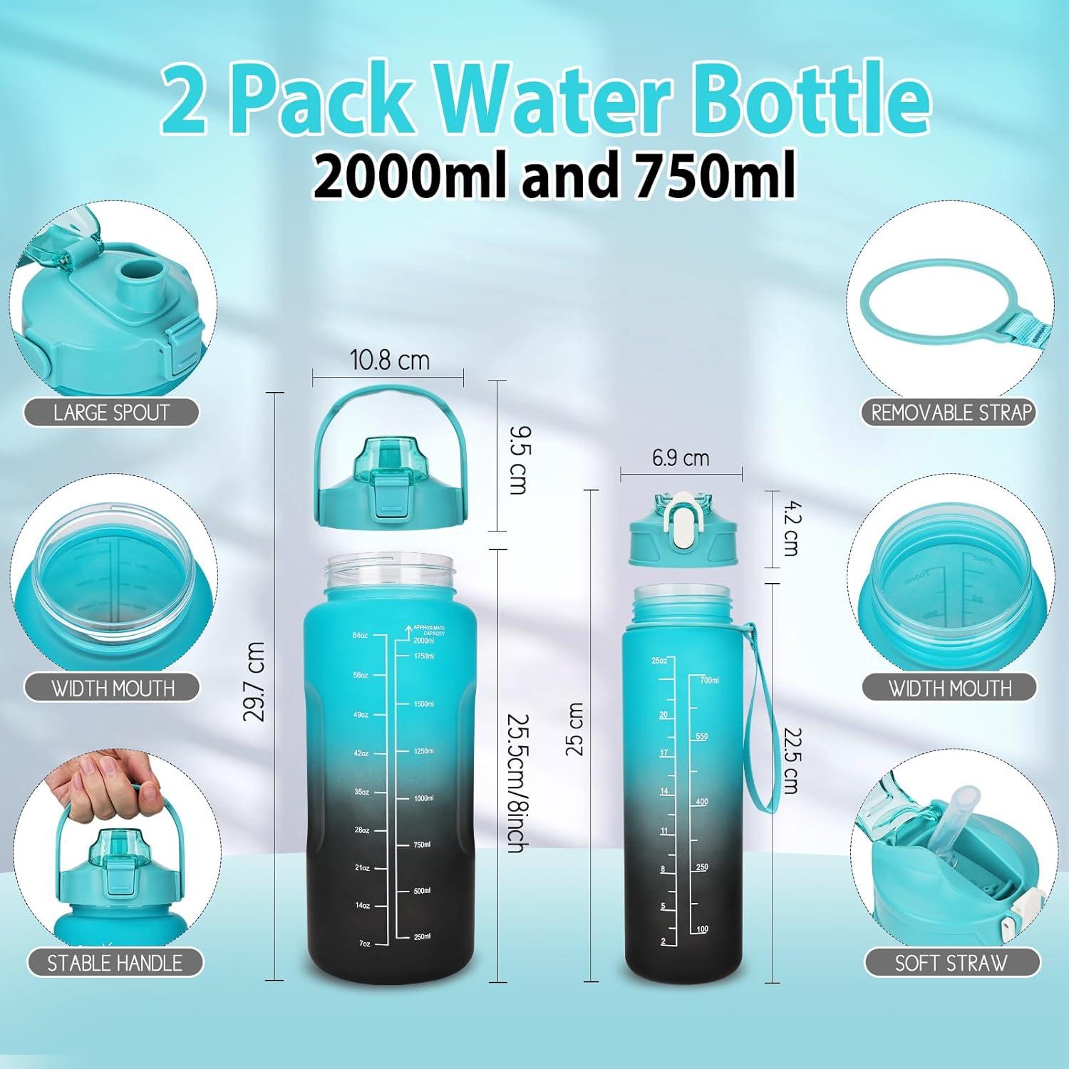 2er Pack Trinkflasche BPA-frei 2L+750ml mit Zeitmarkierung