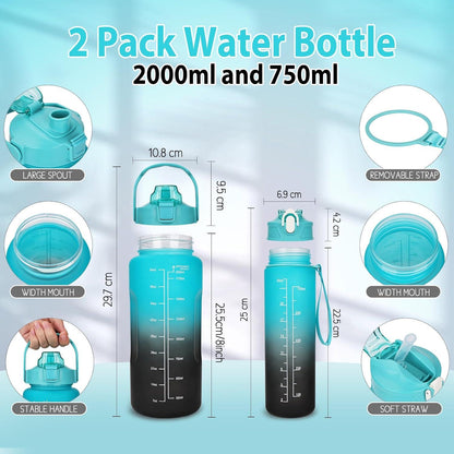 2er Pack Trinkflasche BPA-frei 2L+750ml mit Zeitmarkierung