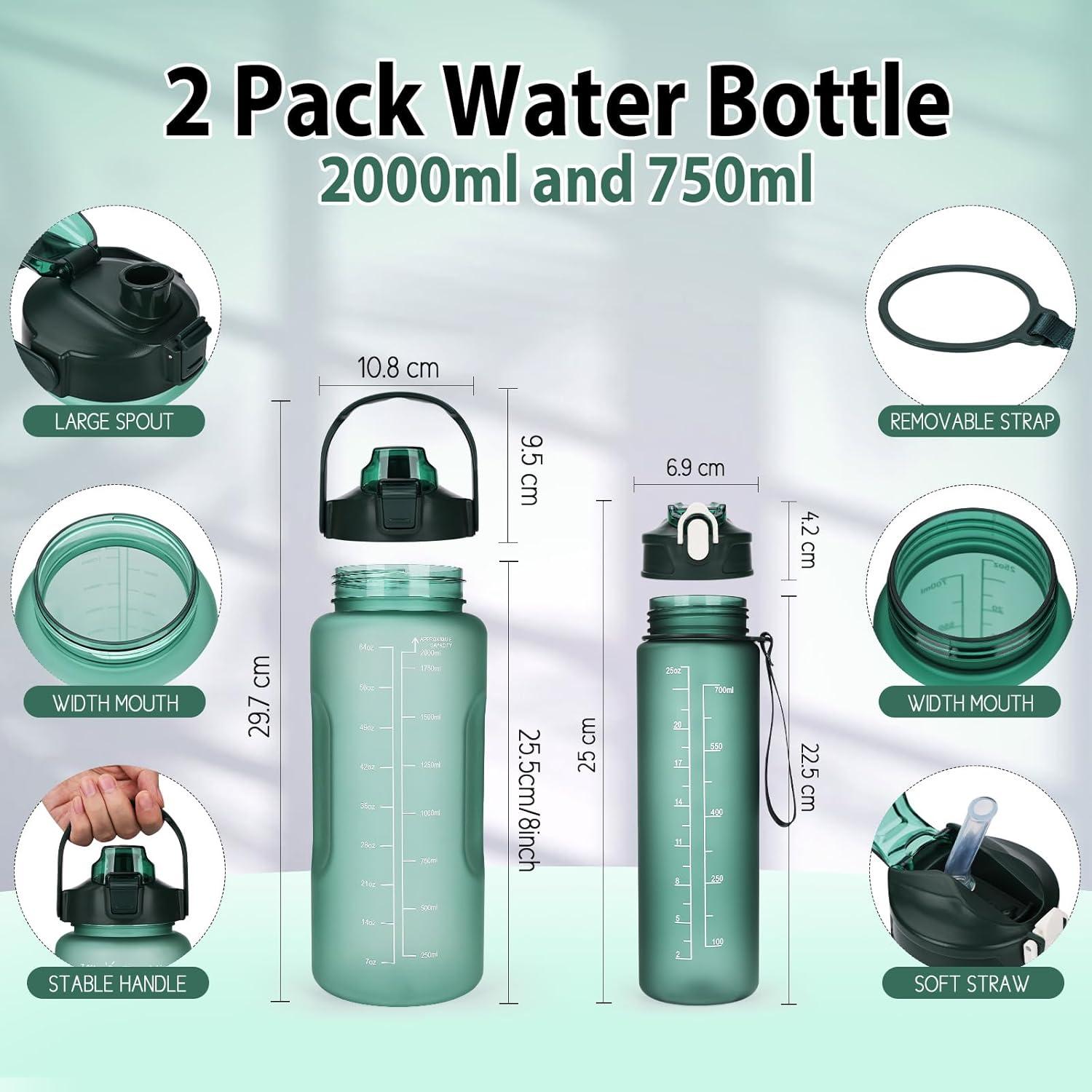 Sport-Trinkflaschen-Set 2L+750ml BPA-frei mit Zeitmarkierung