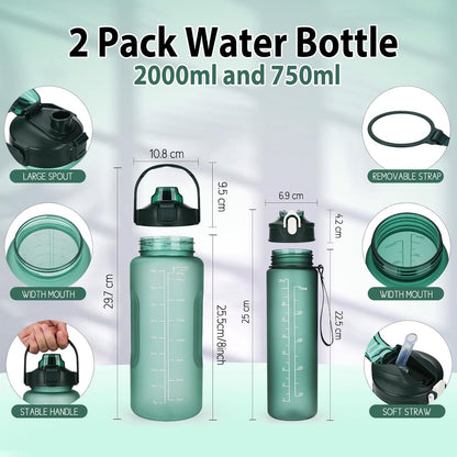 Sport-Trinkflaschen-Set 2L+750ml BPA-frei mit Zeitmarkierung