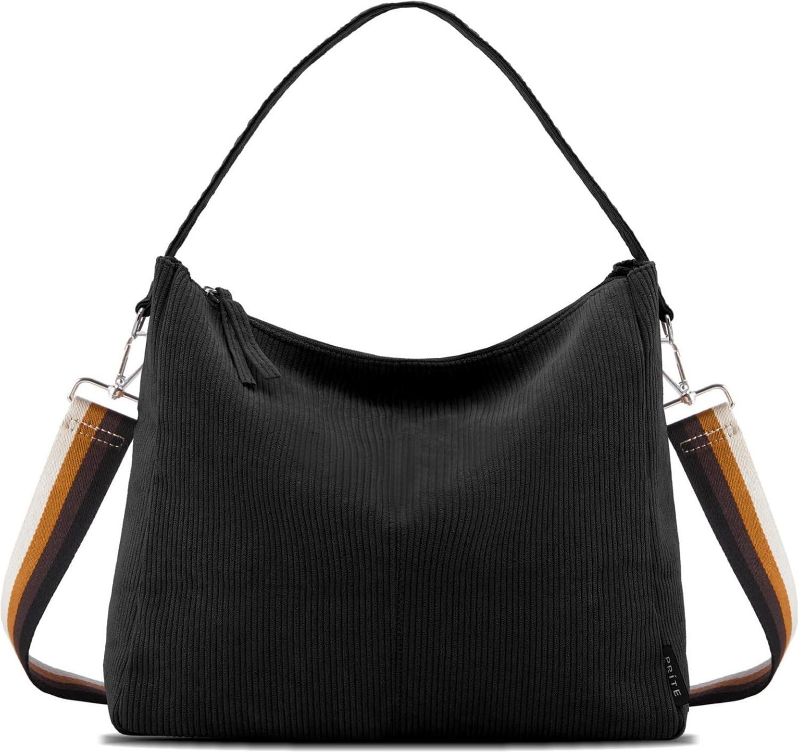 Schwarze Cord Umhängetasche mit Reißverschluss und Gurt