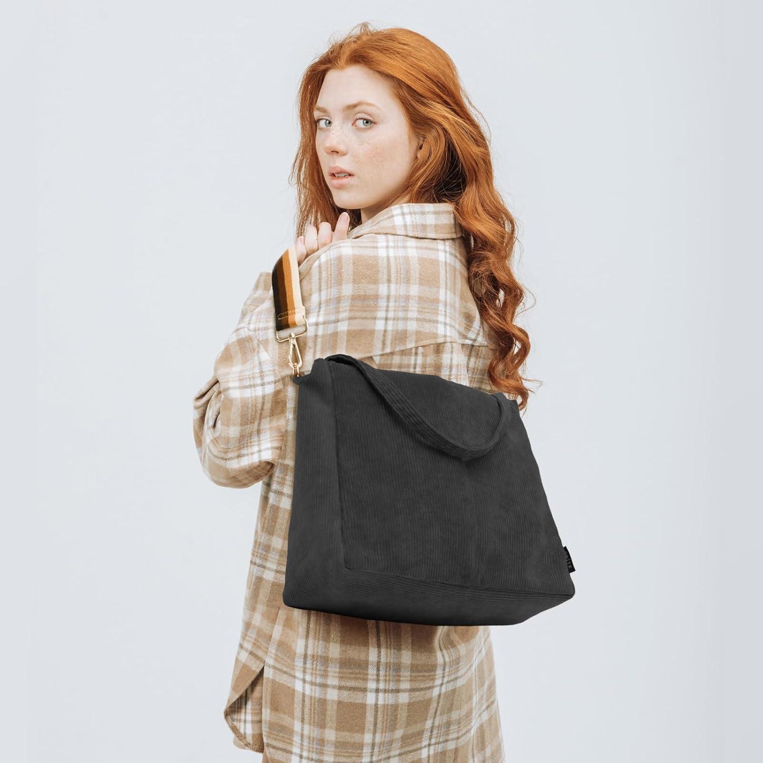 Schwarze Cord Handtasche Damen Umhängetasche mit