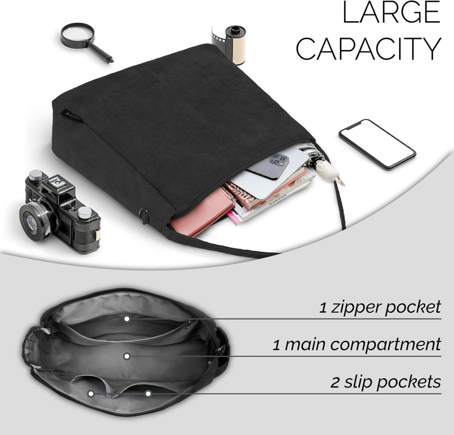 Prite Damen Handtasche Cord Umhängetasche Schwarz mit Reißverschluss