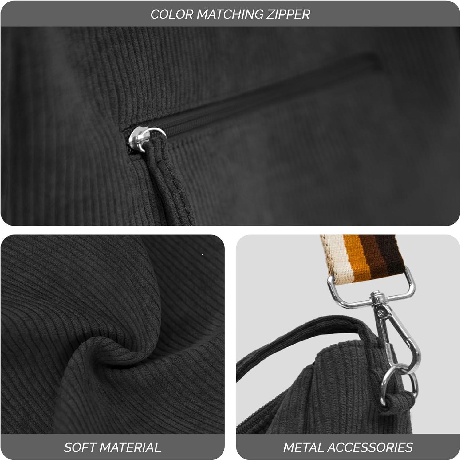 Damen Handtasche Umhängetasche Cord Tote Bag Reißverschluss Schultergurt Schwarz