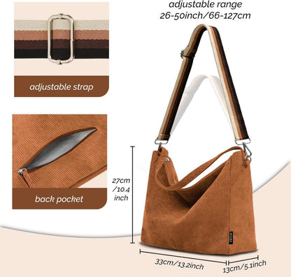 Große Braun Cord Tote Bag mit Reißverschluss und Riemen