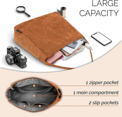 Schultertasche Damen Cord Umhängetasche mit Reißverschluss Braun