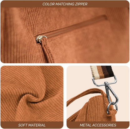 Braune Handtasche Cord Umhängetasche Damen Tote Bag Reißverschluss