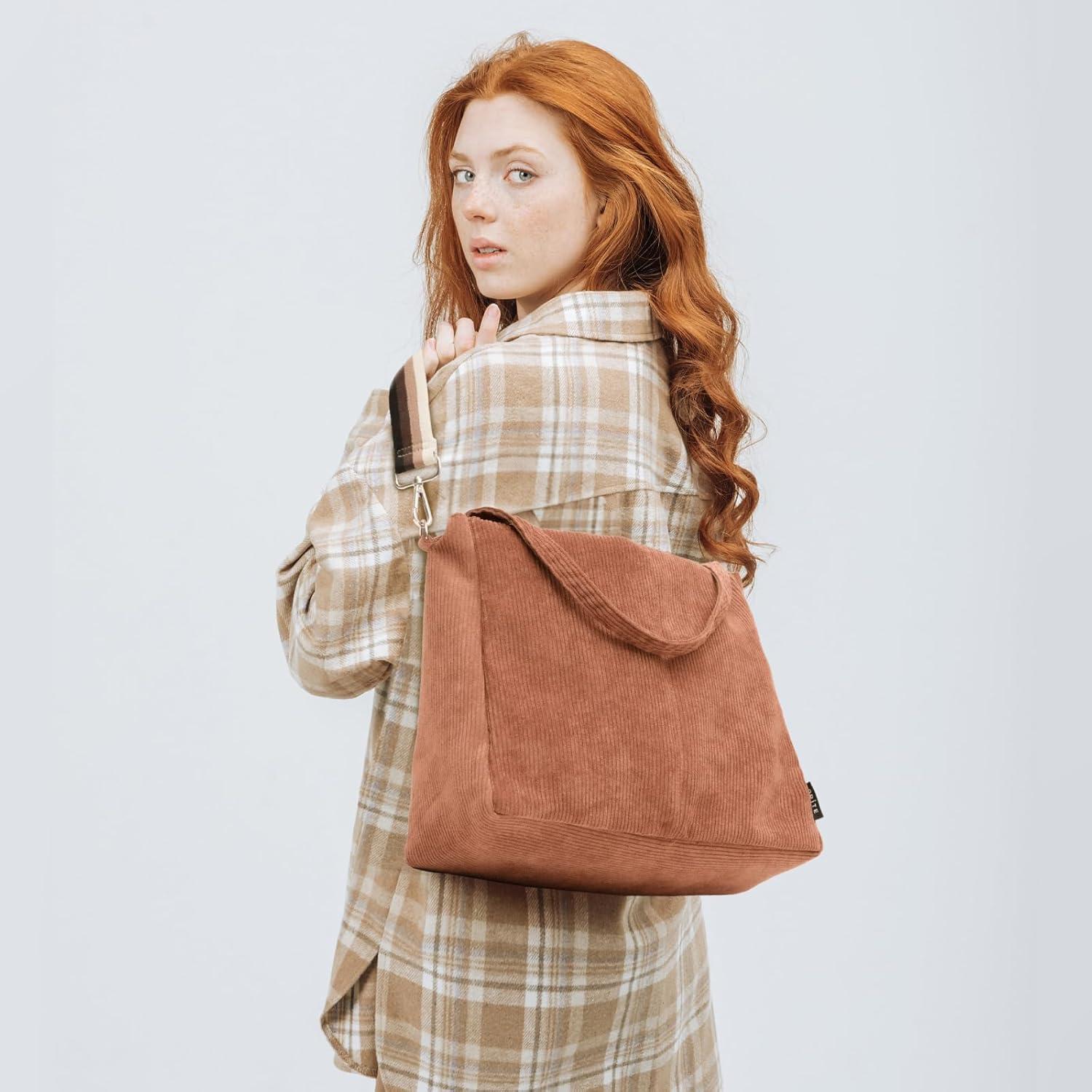 Tote Bag Damen Umhängetasche Cord Shopper Reißverschluss Braun