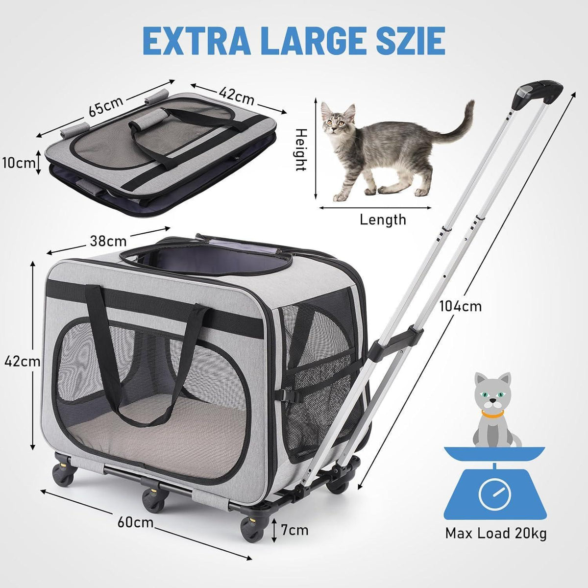 Transportbox Katze/Hund 20kg – 2-in-1 Reisebox mit Rollen