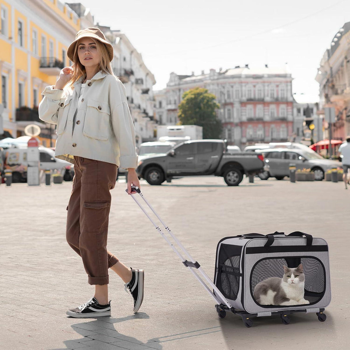 Transportbox Katze/Hund 20kg – 2-in-1 Reisebox mit Rollen