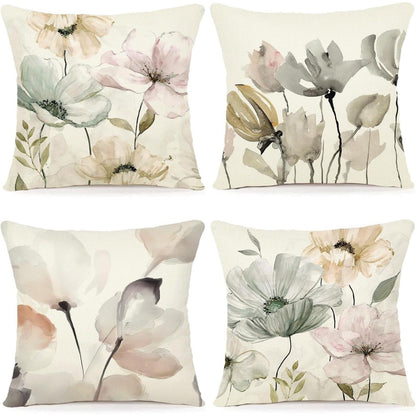 Blumen Kissenbezug 50x50 - 4er Set Leinen Outdoor Deko