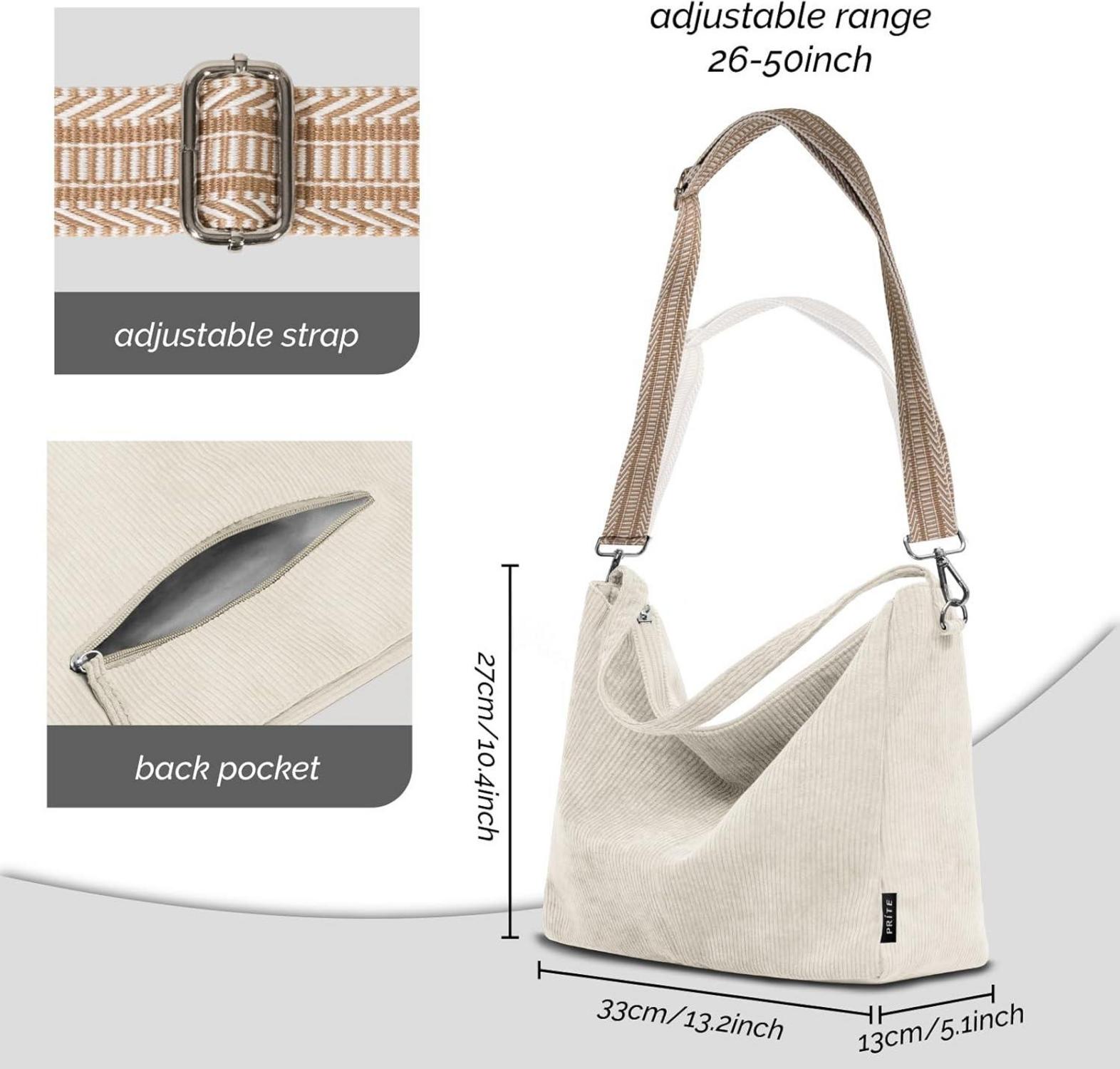 Tote Bag Handtasche Damen Cord Umhängetasche Reißverschluss Beige