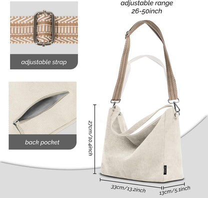 Tote Bag Handtasche Damen Cord Umhängetasche Reißverschluss Beige