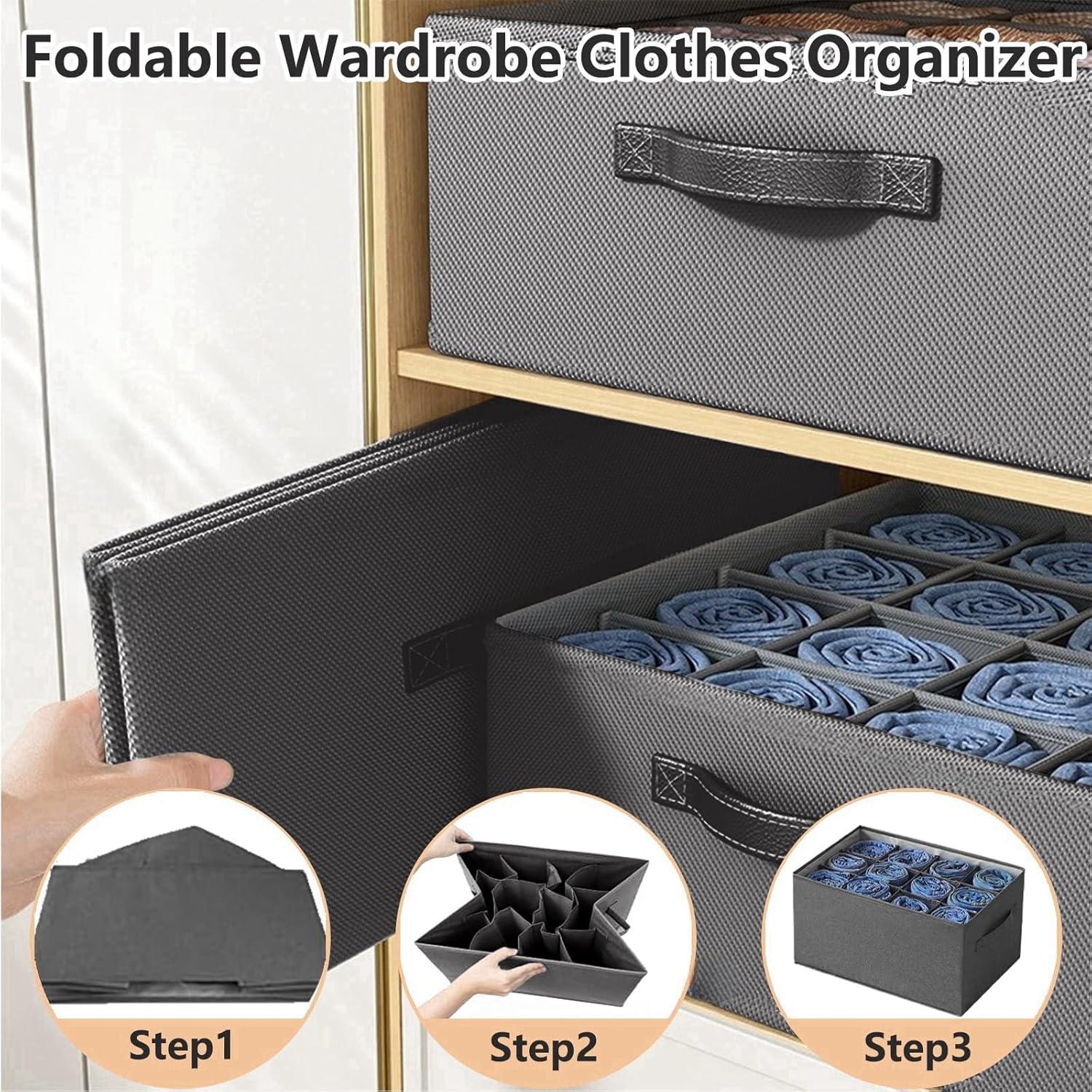 Kleiderschrank Organizer mit 12 Fächern und Griff, Vliesstoff, grau