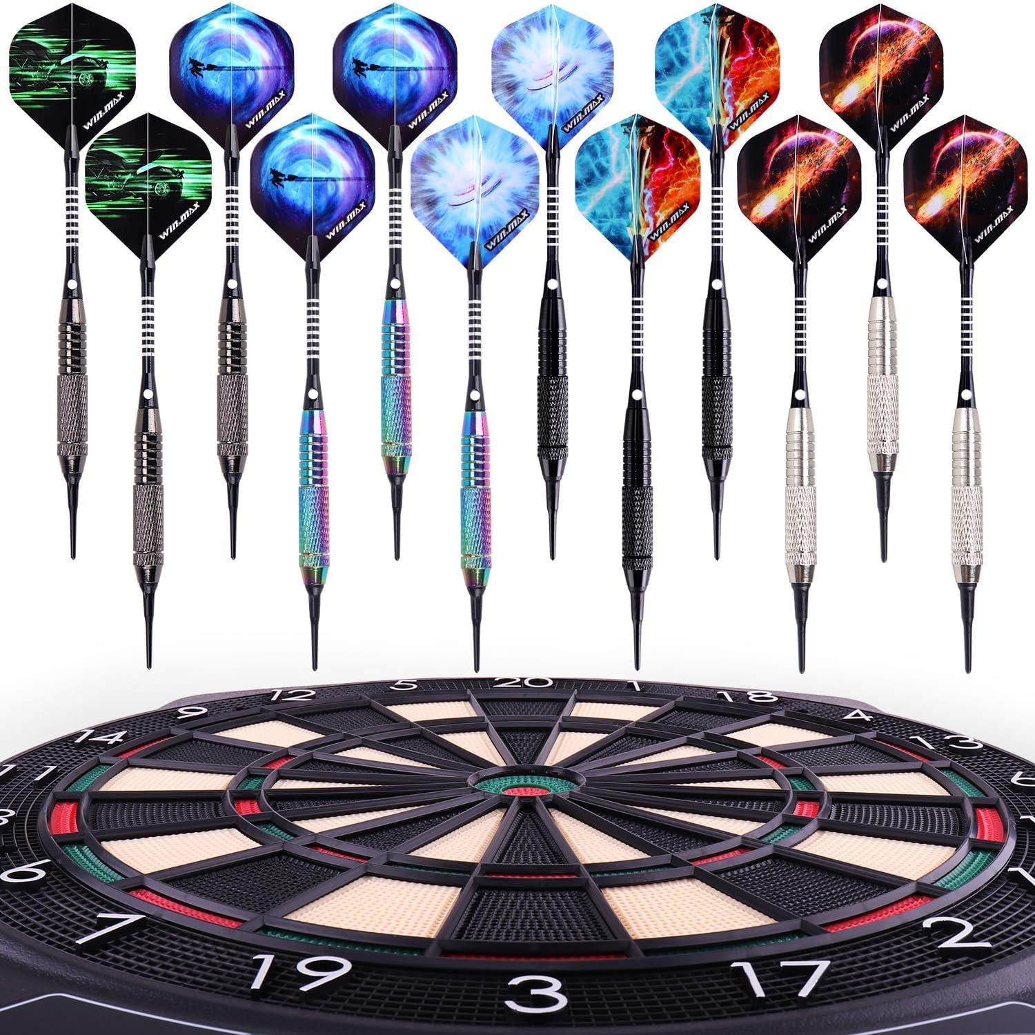 WIN.MAX 12 Stück Softdartpfeile Set 18g Kunststoffspitze Regenbogen/Schwarz
