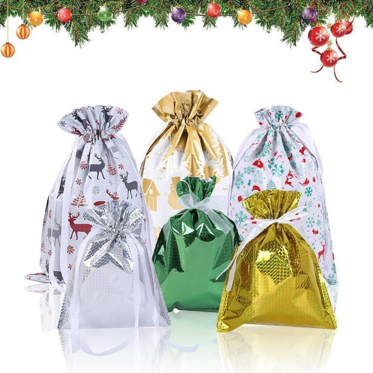 6x Weihnachts Geschenktüten mit Kordelzug - Multicolor
