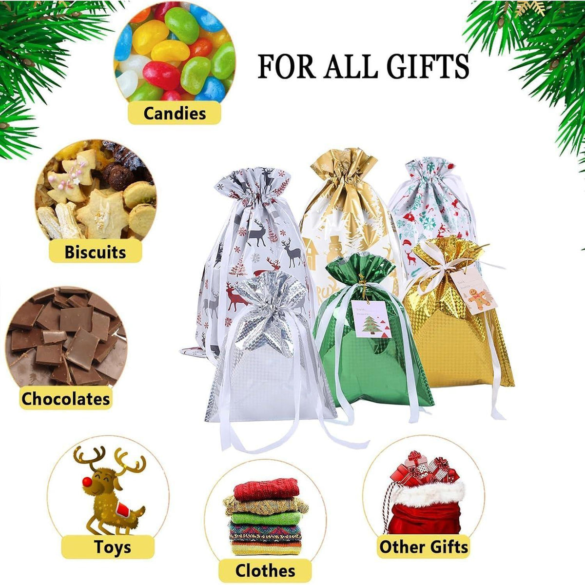 6x Weihnachts Geschenktüten mit Kordelzug - Multicolor