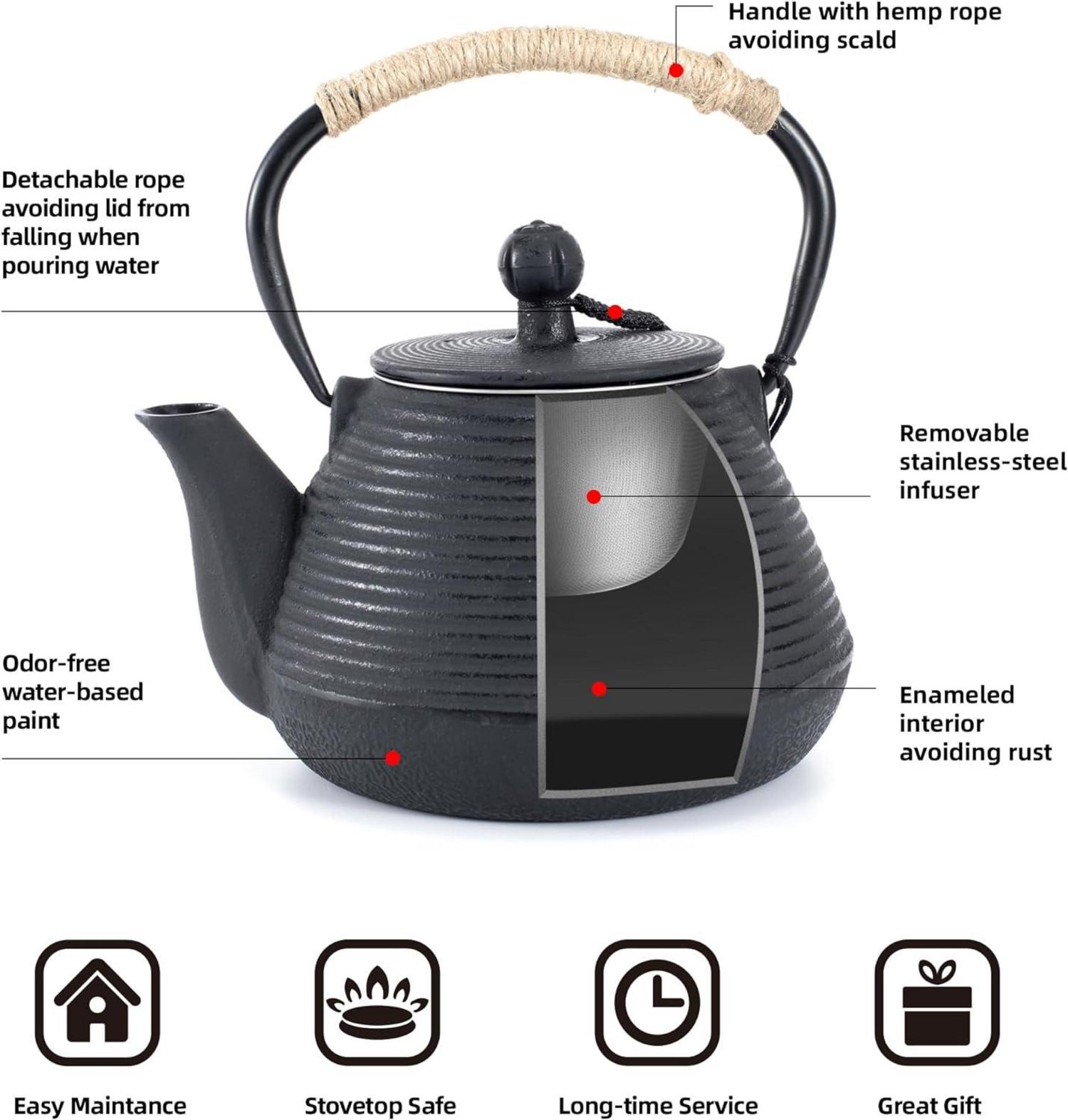 Gusseisen Teekanne mit Warmhalter, 1000ml Teesieb, emaillierte Innenseite, Schwarz