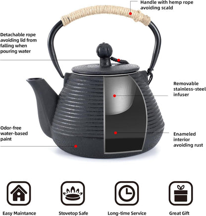 Gusseisen Teekanne mit Warmhalter, 1000ml Teesieb, emaillierte Innenseite, Schwarz