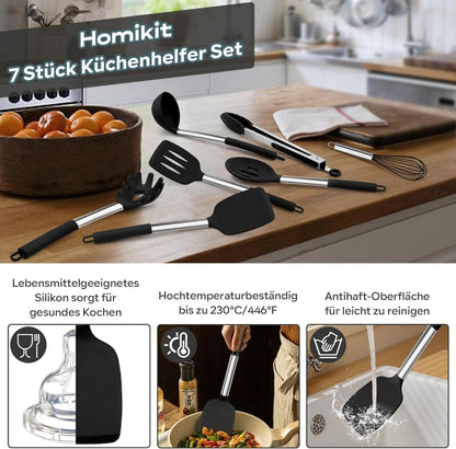 Homikit 7-teiliges Silikon Küchenutensilien Set mit Edelstahlgriff, Schwarz