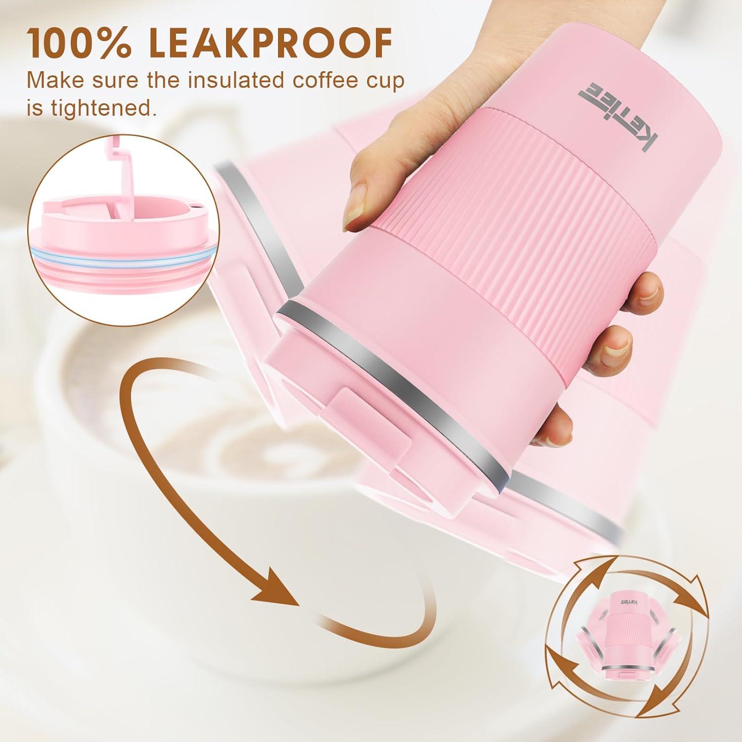 KETIEE Thermobecher Kaffee-to-go, 380ml Isolierbecher mit Deckel, Rosa