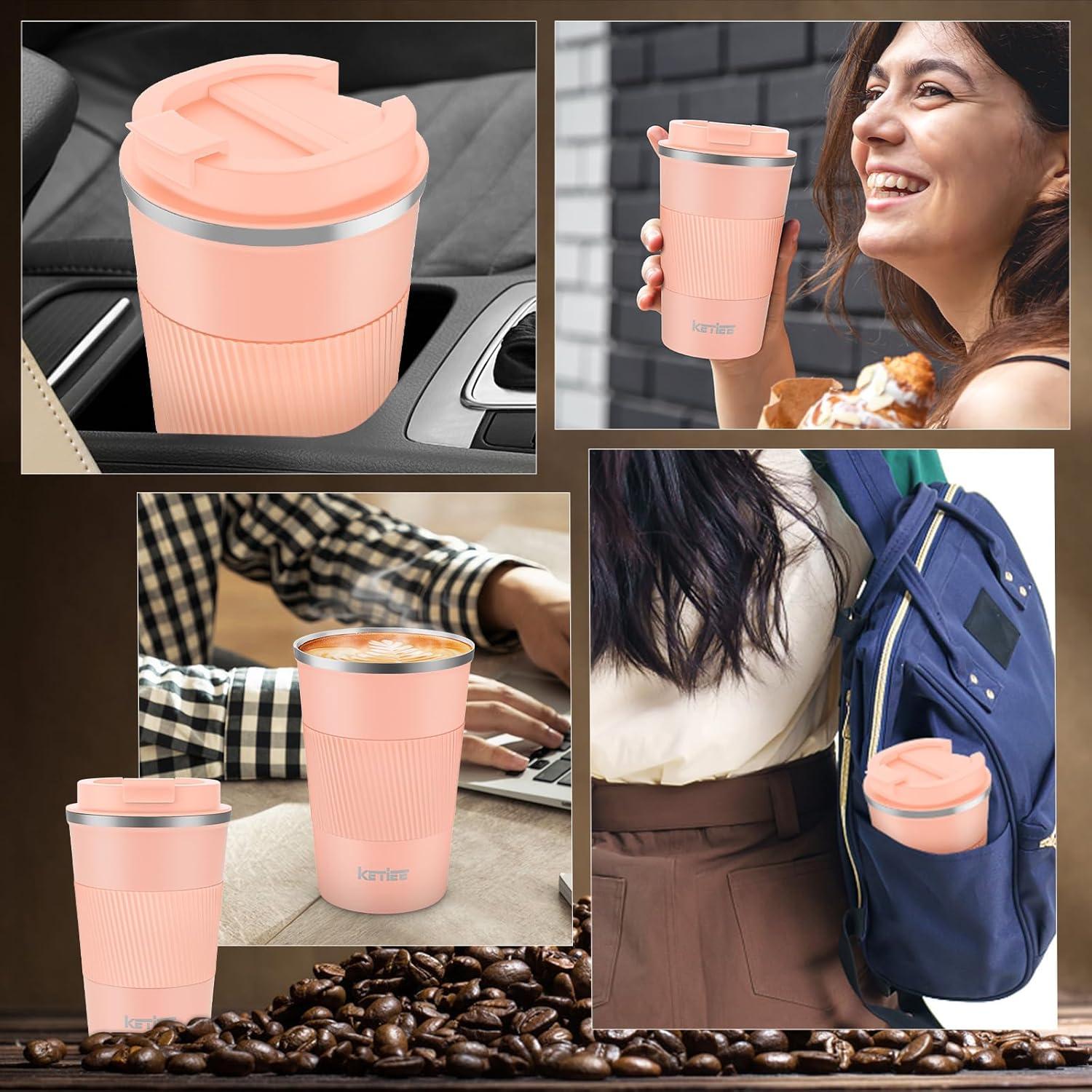 KETIEE Thermobecher to go 380ml, Kaffee-to-go Becher Doppelwandig Orange-Rosa