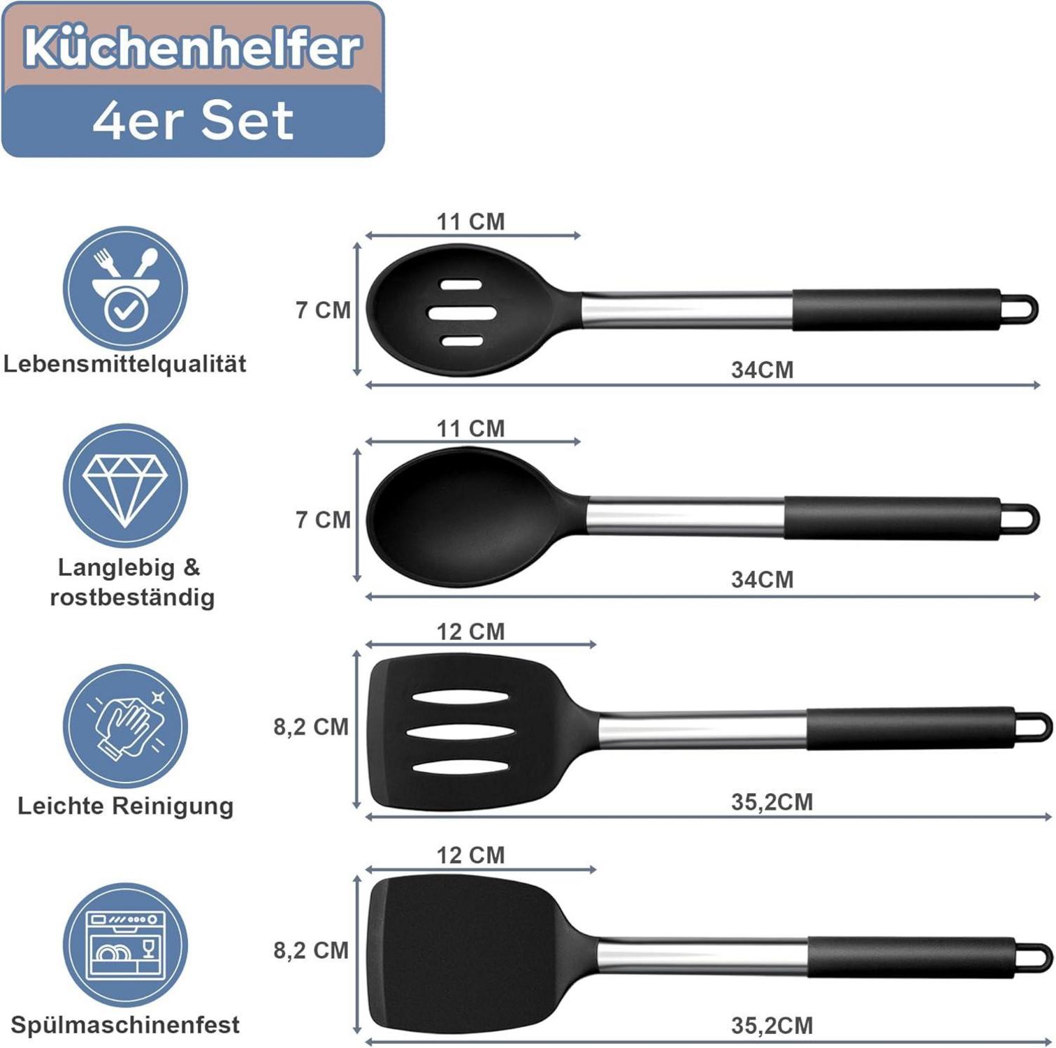 Homikit Silikon Küchenhelfer 4er Set mit Edelstahlgriff