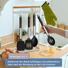 Homikit Silikon Küchenutensilien Set mit Edelstahlgriff, 4-teilig, Schwarz, Hitzebeständig