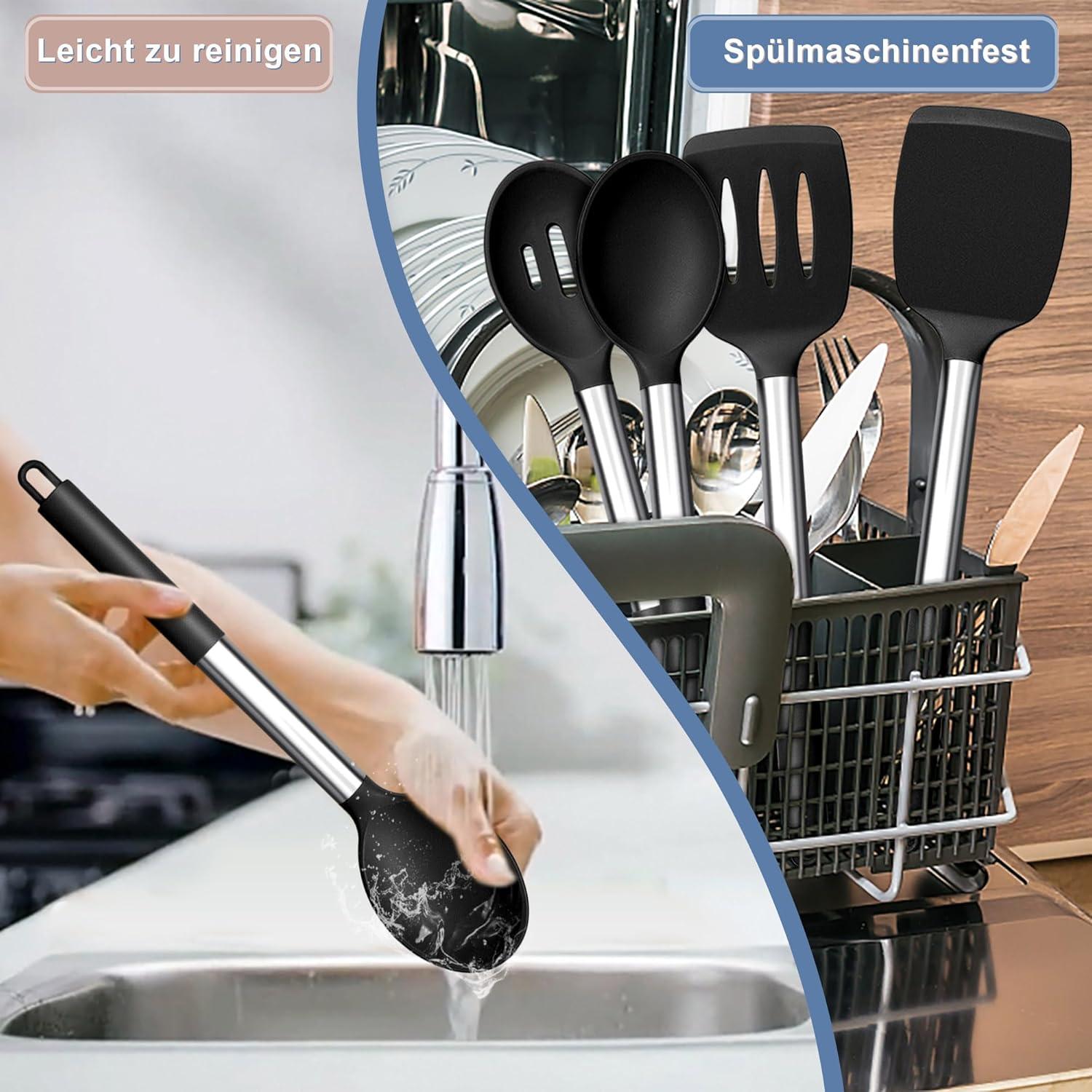 Homikit Silikon Küchenutensilien Set 4-tlg. Schwarz Edelstahlgriff