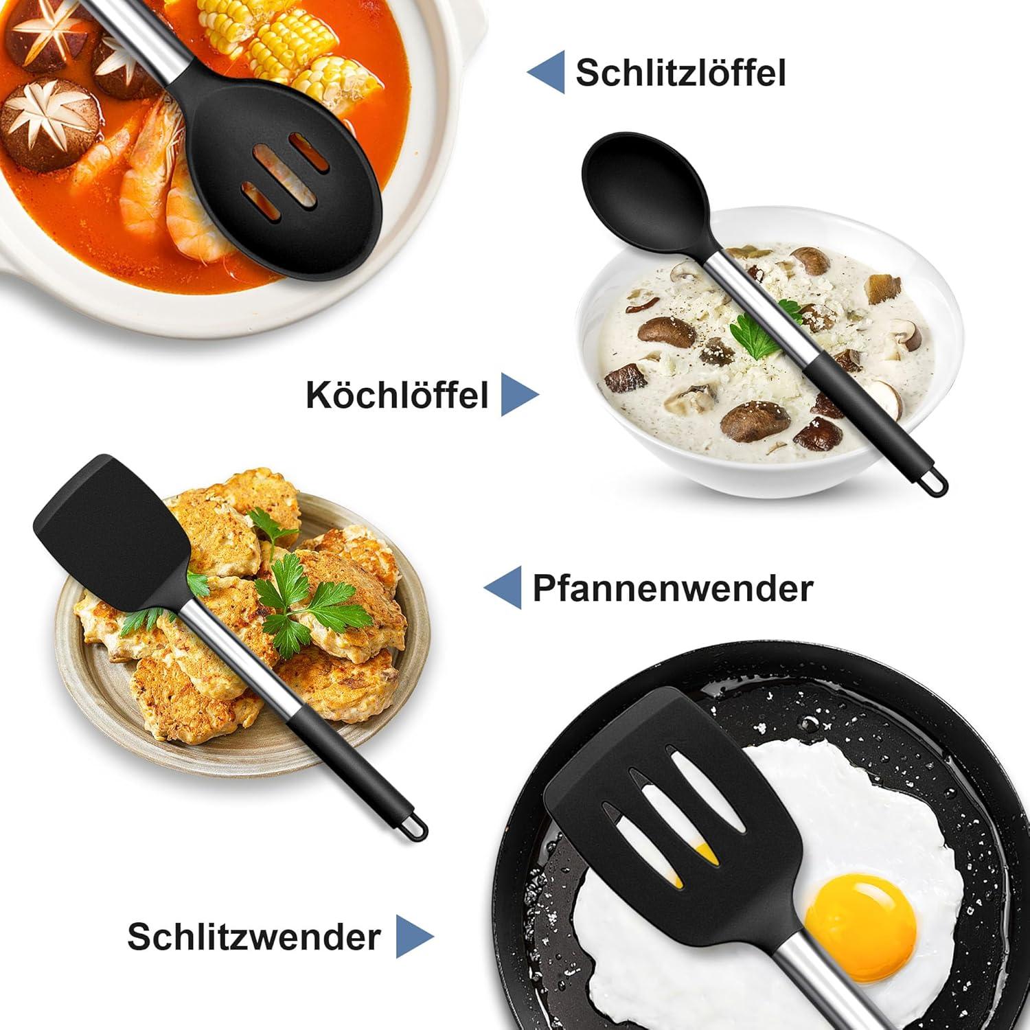 Homikit Silikon Küchenutensilien Set 4-tlg. Schwarz Edelstahlgriff