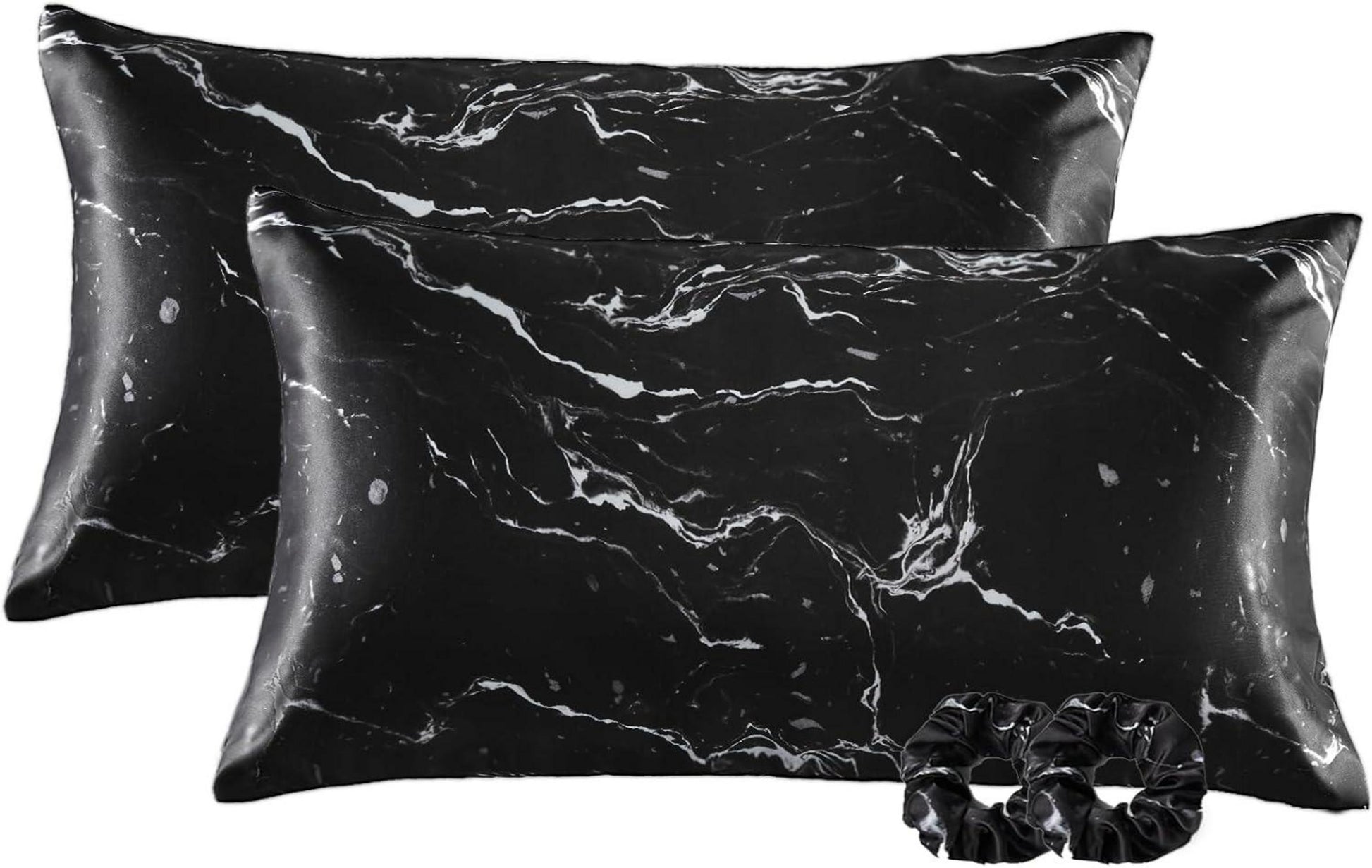 Satin Kissenbezug 2er Set Schwarz Marmor 40x80 mit Haargummis