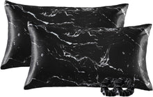 Satin Kissenbezug 2er Set Schwarz Marmor 40x80 mit Haargummis