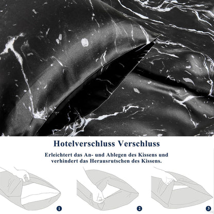 Satin Kissenbezug 40x80 Schwarz Marmor mit Haargummis - Pflege für Haar und Haut