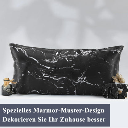 2er Set Satin Kissenbezug Schwarz Marmor 40x80 Haargummis