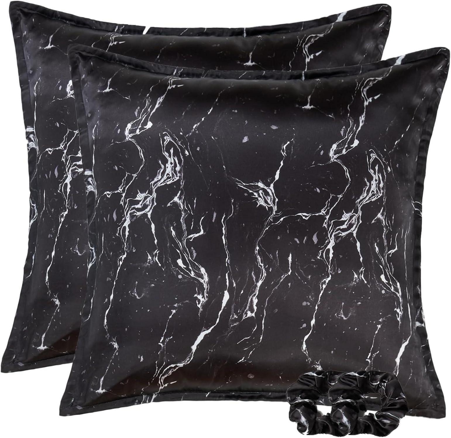Satin Kissenbezug 80x80 Schwarz Marmor Set 2 Haargummis