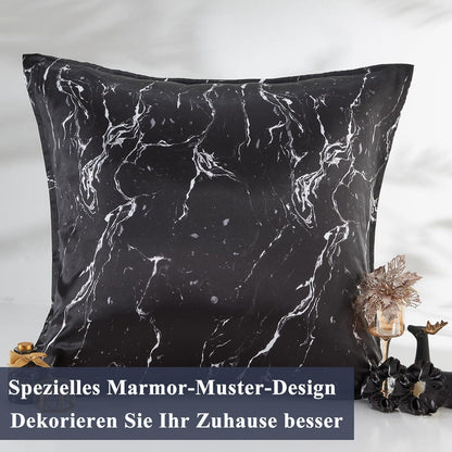 Satin Kissenbezug 80x80 Schwarz Marmor Set 2 Haargummis