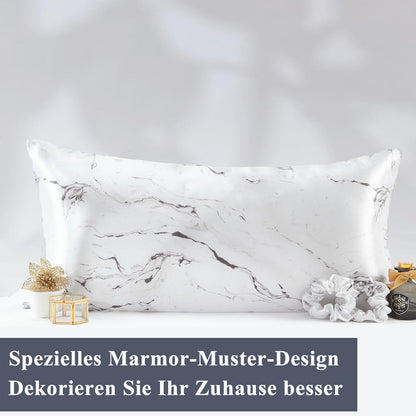 2er Set Satin Kissenbezug Weiß Marmor 40x80 mit Haargummis